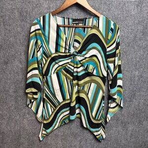 Marianne Retro Swirl Stripe O-Ring Blouse Teal Green 1X Y2K Handkerchief Hem